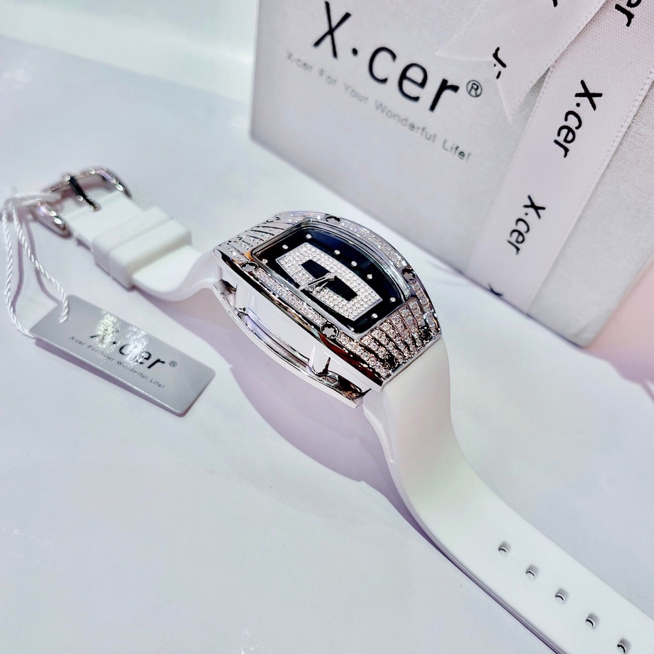 Đồng Hồ Xcer Tựa Richard Mille |Nữ Giới |Đính Đá |Silver |Dây Silicone Trắng |Máy Pin (Quartz) |Size 36mm |donghogiatot.vn