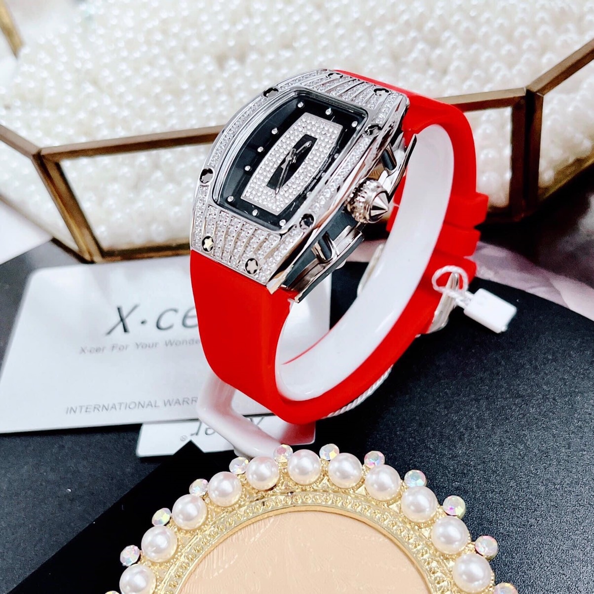 Đồng Hồ Xcer Tựa Richard Mille |Nữ Giới |Full Đá |Silver |Dây Cao Su Đỏ |Máy Pin (Quartz) |Size 36mm |donghogiatot.vn