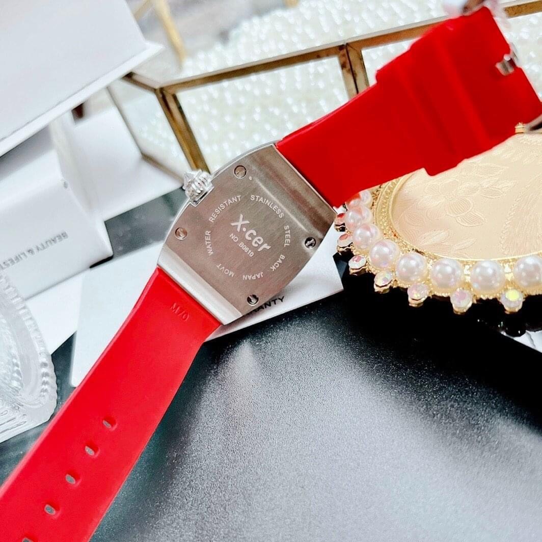 Đồng Hồ Xcer Tựa Richard Mille |Nữ Giới |Full Đá |Silver |Dây Cao Su Đỏ |Máy Pin (Quartz) |Size 36mm |donghogiatot.vn