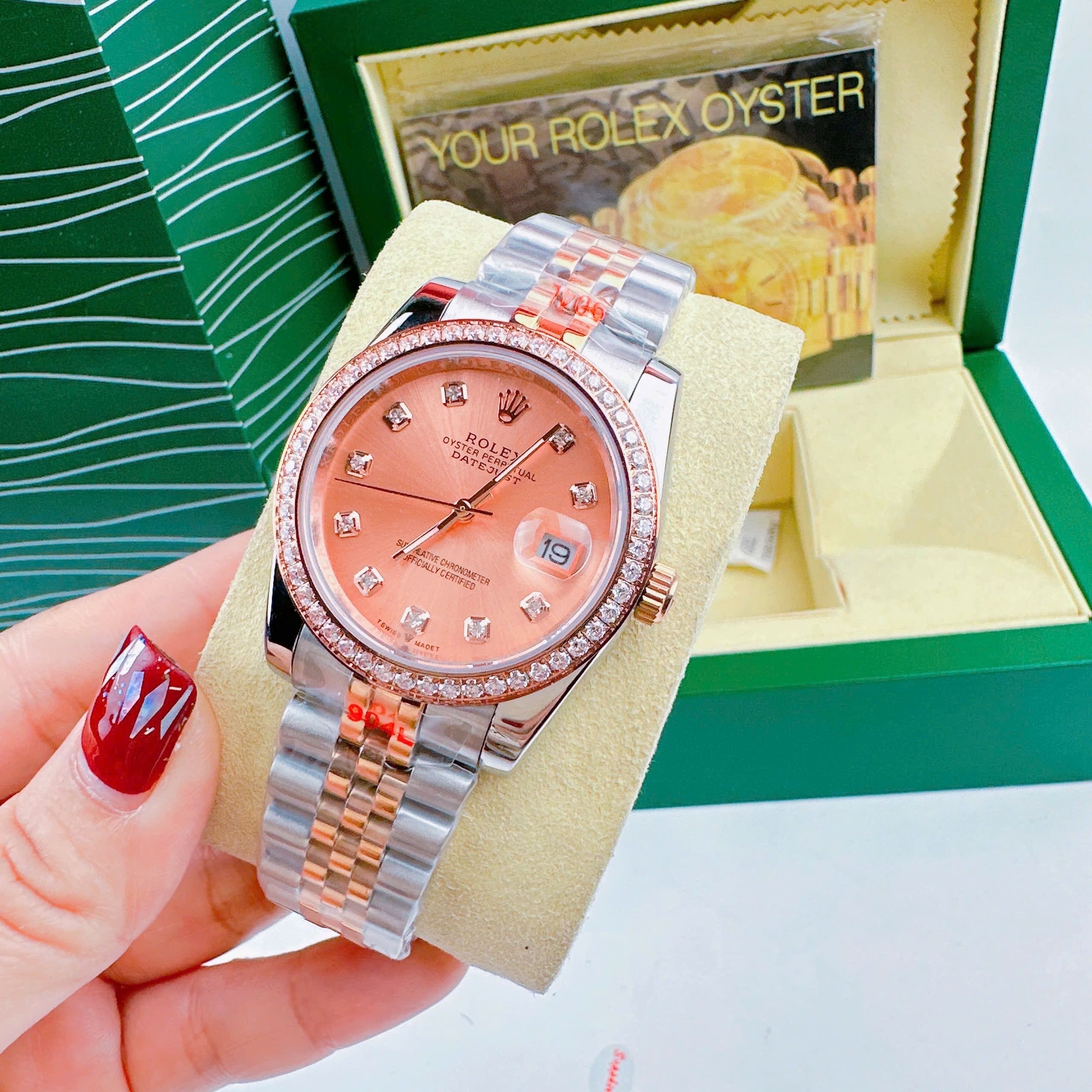 Đồng Hồ Rolex Date Just |Nam Giới |Hồng |Đính Đá |Dây Kim Loại Demi Rose |Máy Pin (Máy Quartz) |Size 36mm |donghogiatot.vn