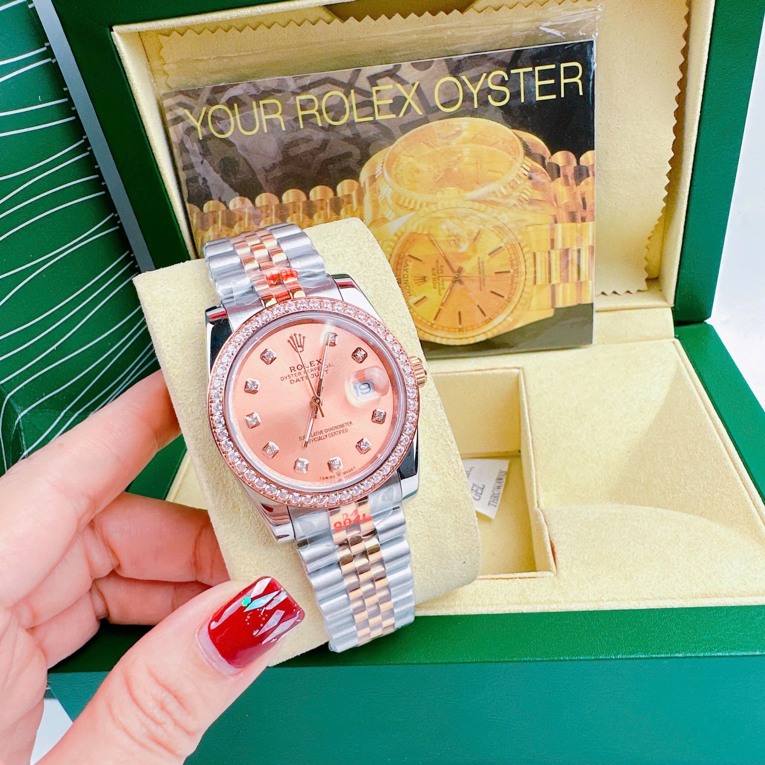 Đồng Hồ Rolex Date Just |Nam Giới |Hồng |Đính Đá |Dây Kim Loại Demi Rose |Máy Pin (Máy Quartz) |Size 36mm |donghogiatot.vn