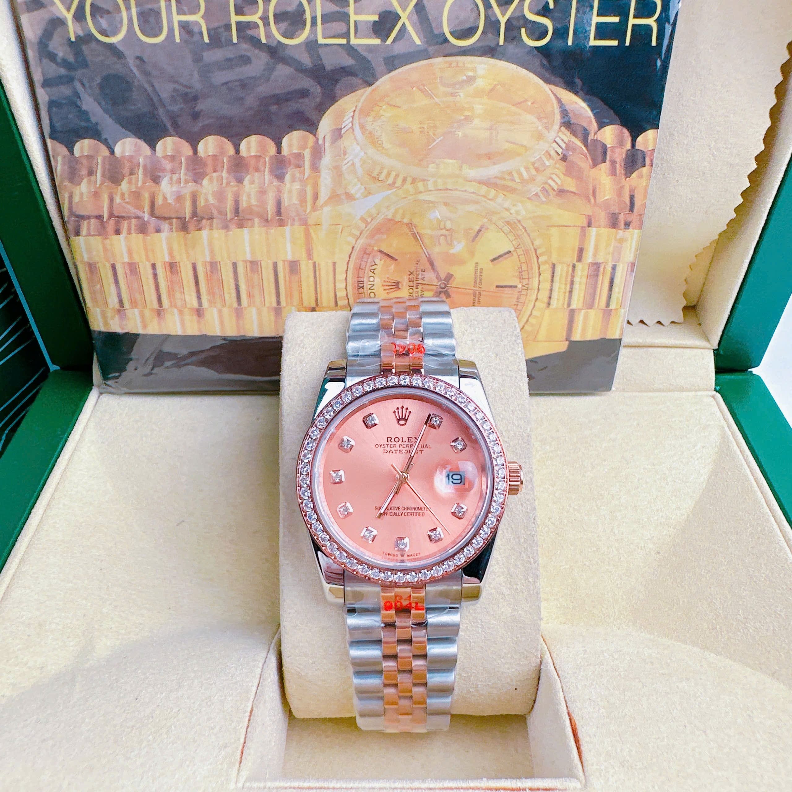 Đồng Hồ Rolex Đính Đá |Cặp Đôi |Mặt Hồng |Dây Kim Loại Demi Rose |Máy Pin (Máy Quartz) |Size 36x31mm |donghogiatot.vn