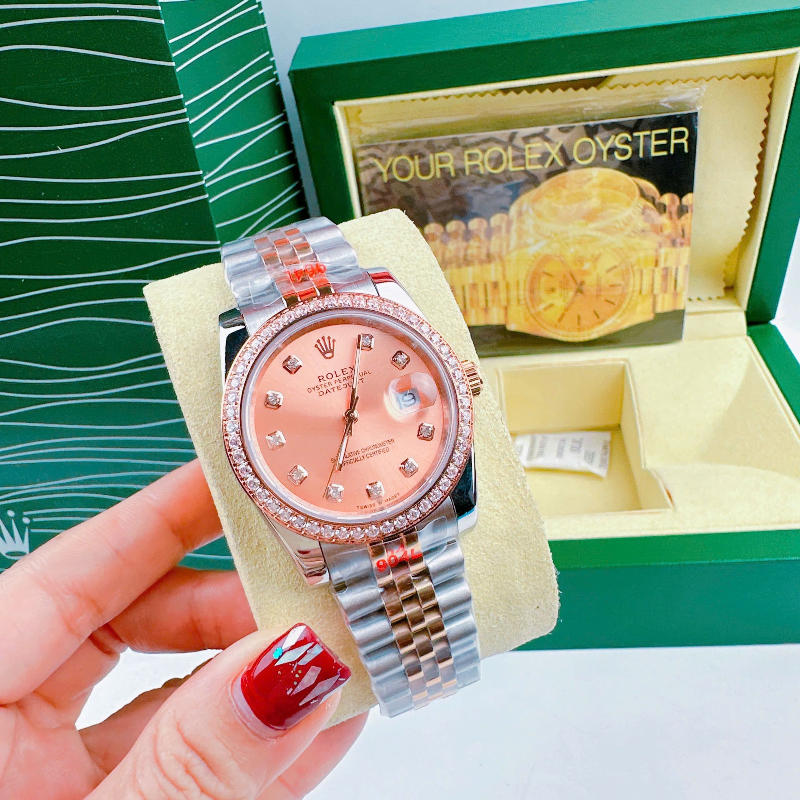 Đồng Hồ Rolex Đính Đá |Cặp Đôi |Mặt Hồng |Dây Kim Loại Demi Rose |Máy Pin (Máy Quartz) |Size 36x31mm |donghogiatot.vn