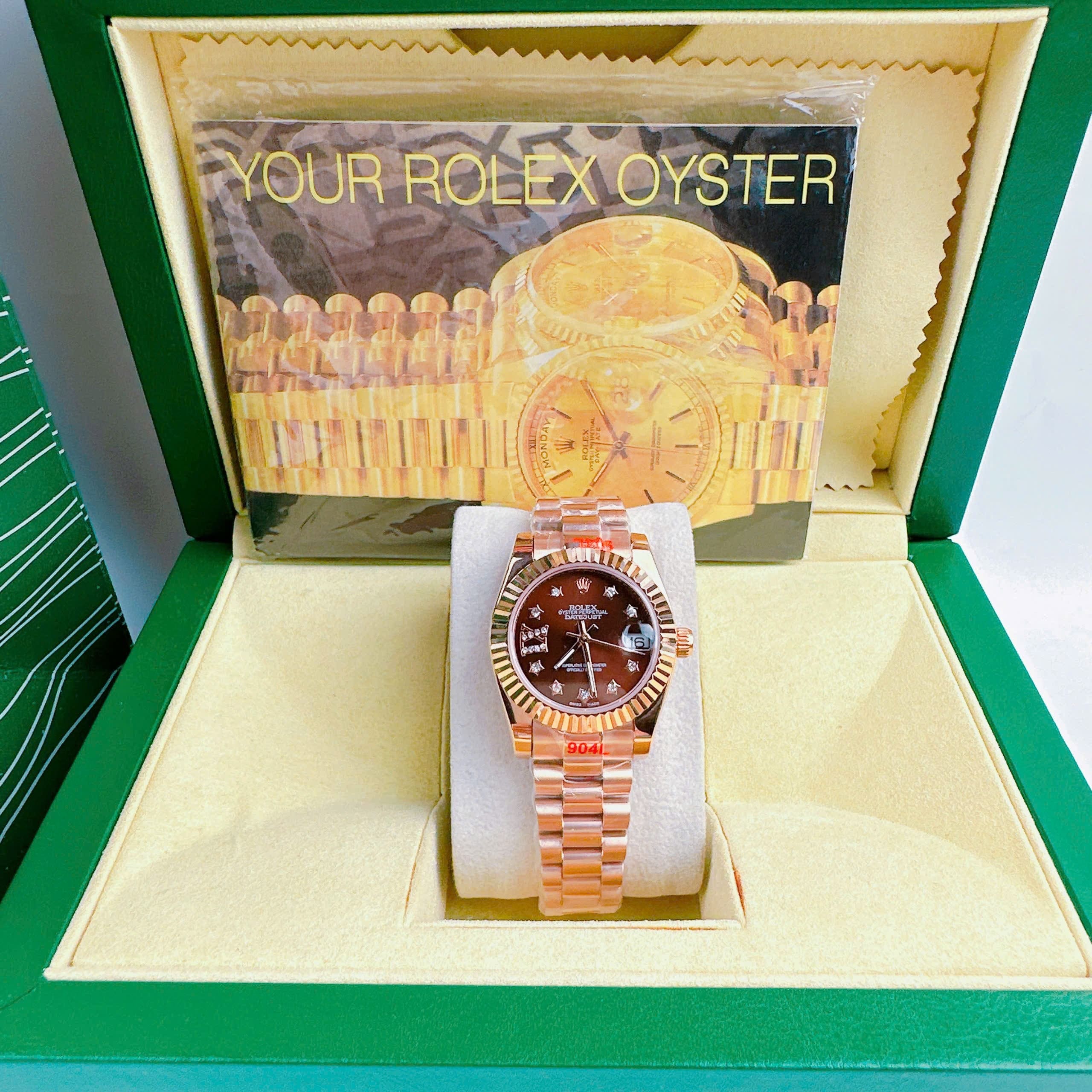 Đồng Hồ Rolex Đính Đá Ngôi Sao |Cặp Đôi |Nâu |Niềng Khía |Dây Kim Loại Rose Gold |Máy Pin (Máy Quartz) |Size 36x31mm |donghogiatot.vn