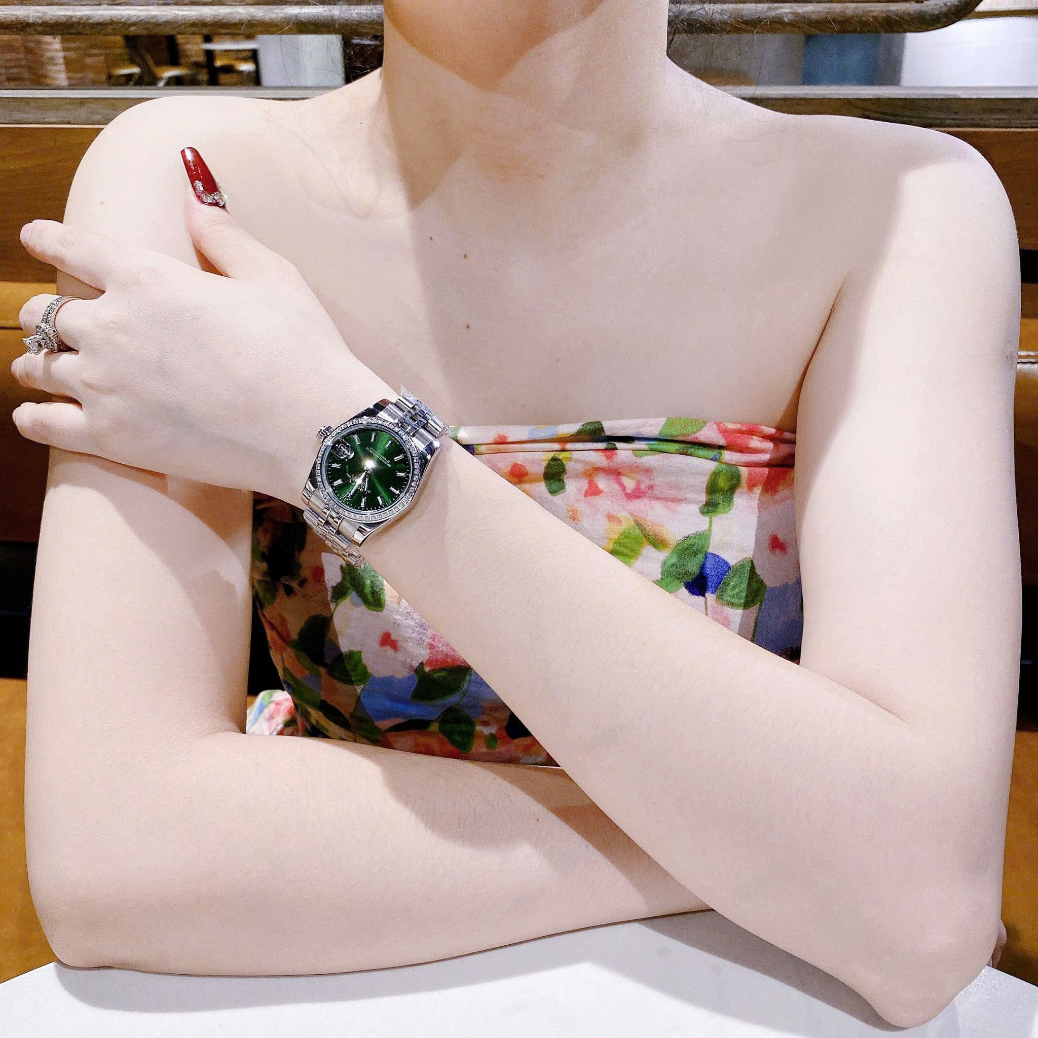 Đồng Hồ Rolex Đính Đá |Nữ Giới |Mặt Xanh Lá |Dây Kim Loại Silver |Máy Pin (Máy Quartz) |Size 31mm |donghogiatot.vn