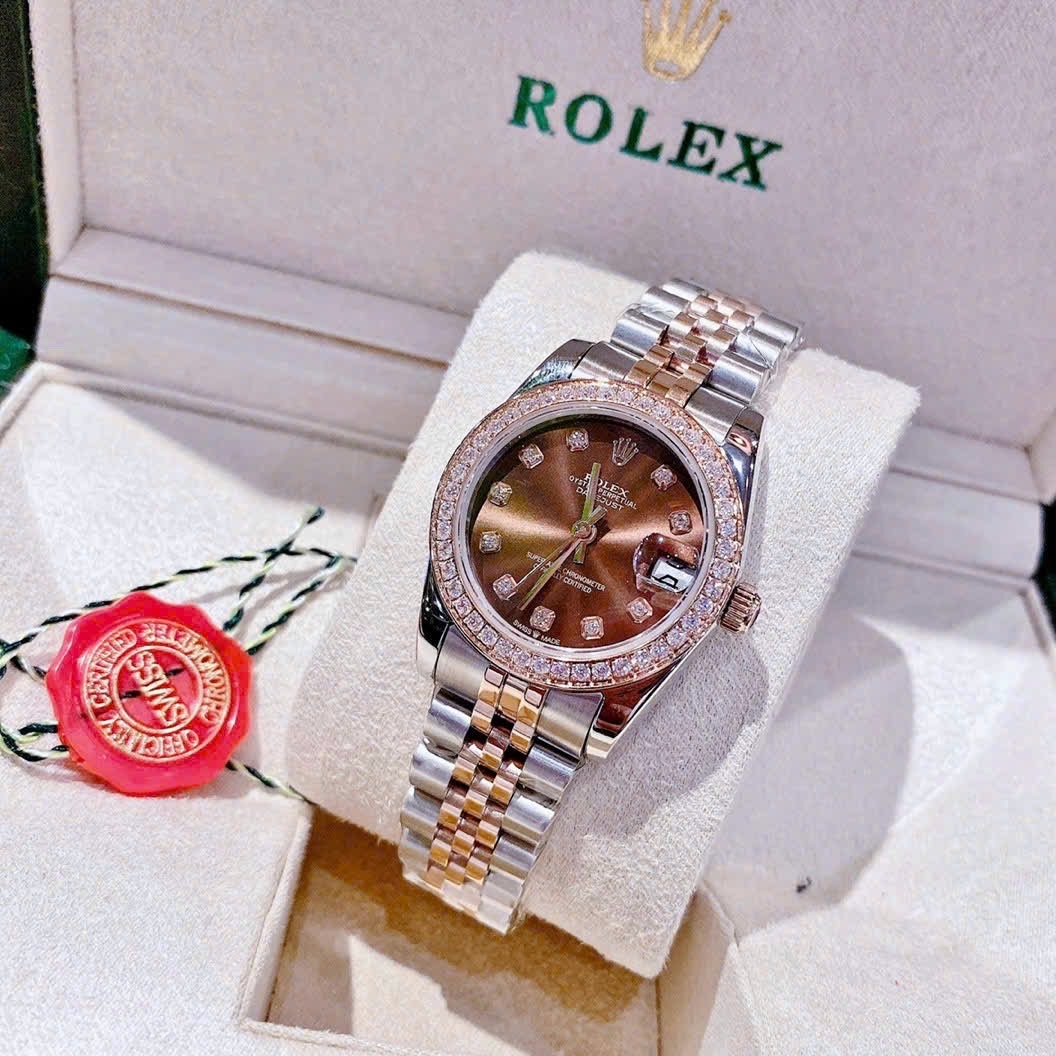 Đồng Hồ Rolex Đính Đá |Cặp Đôi |Mặt Nâu |Dây Kim Loại Demi Rose Gold |Máy Cơ (Automatic) |Size 41x31mm |donghogiatot.vn