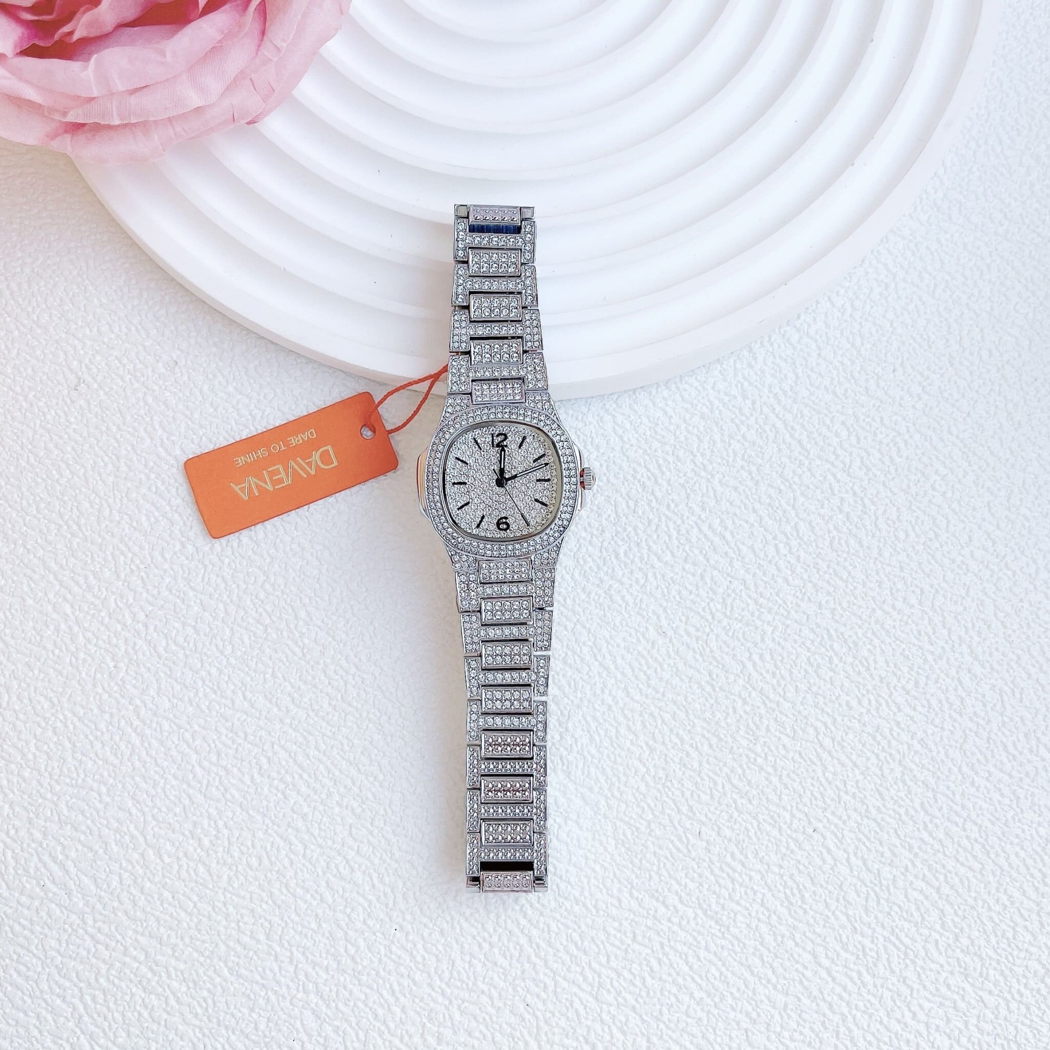 Đồng Hồ Davena Mặt Vuông |Nữ Giới |Full Đá |Dây Kim Loại Silver |Máy Pin (Quartz) |Size 32mm |donghogiatot.vn