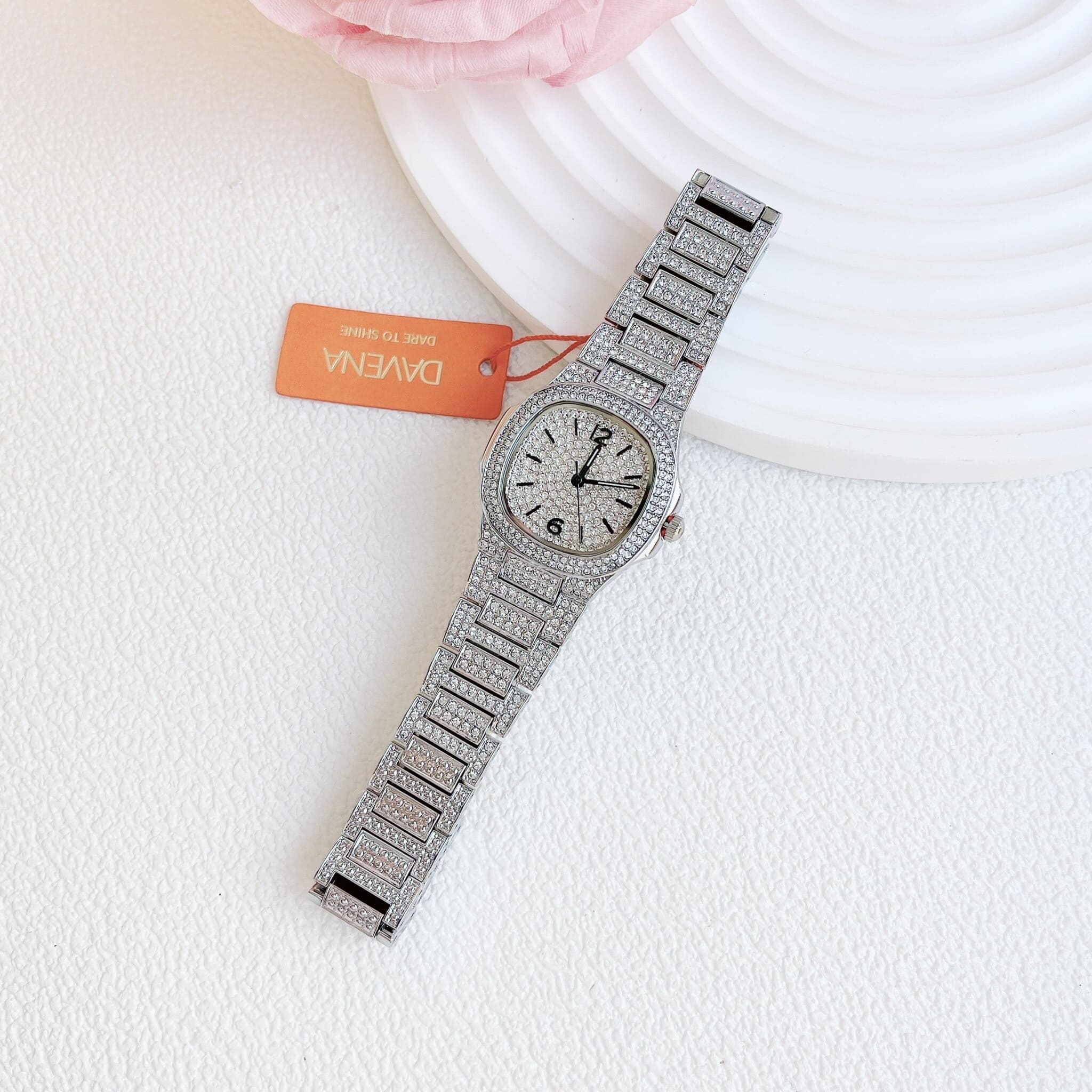 Đồng Hồ Davena Mặt Vuông |Nữ Giới |Full Đá |Dây Kim Loại Silver |Máy Pin (Quartz) |Size 32mm |donghogiatot.vn