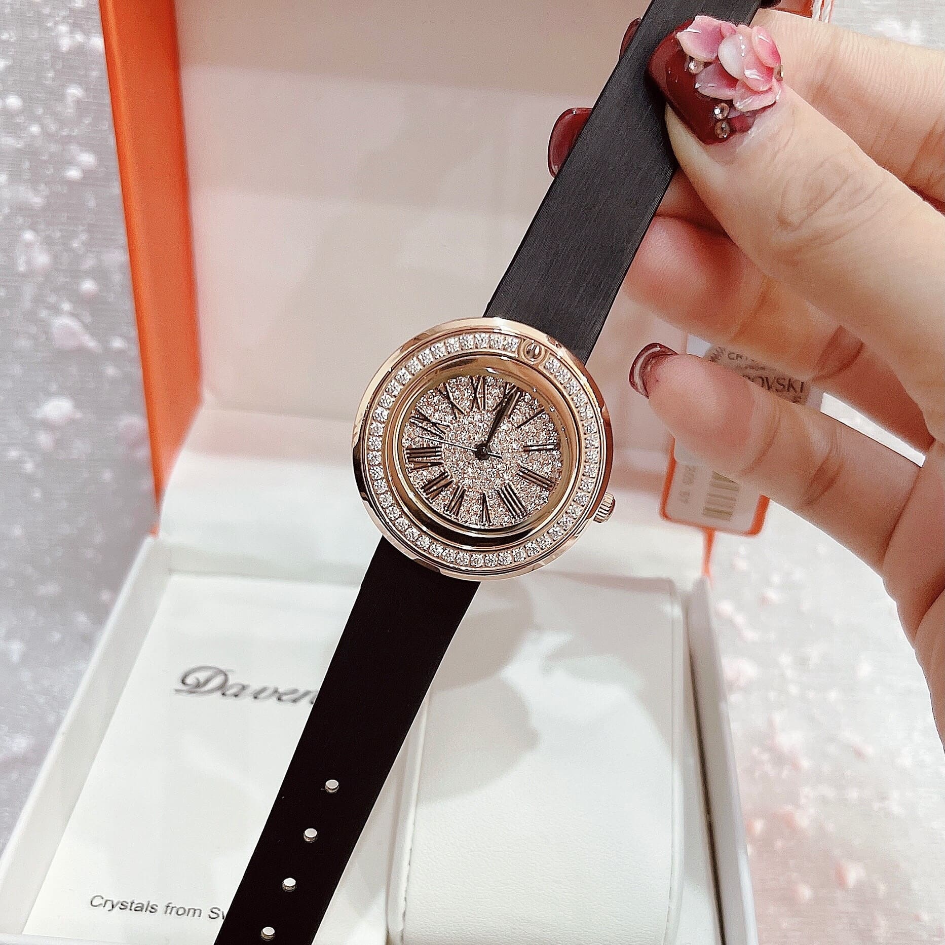 Đồng Hồ Davena Rose Gold |Nữ Giới |Mặt Full Đá |Dây Da Đen |Máy Pin (Quartz) |Size 30mm |donghogiatot.vn