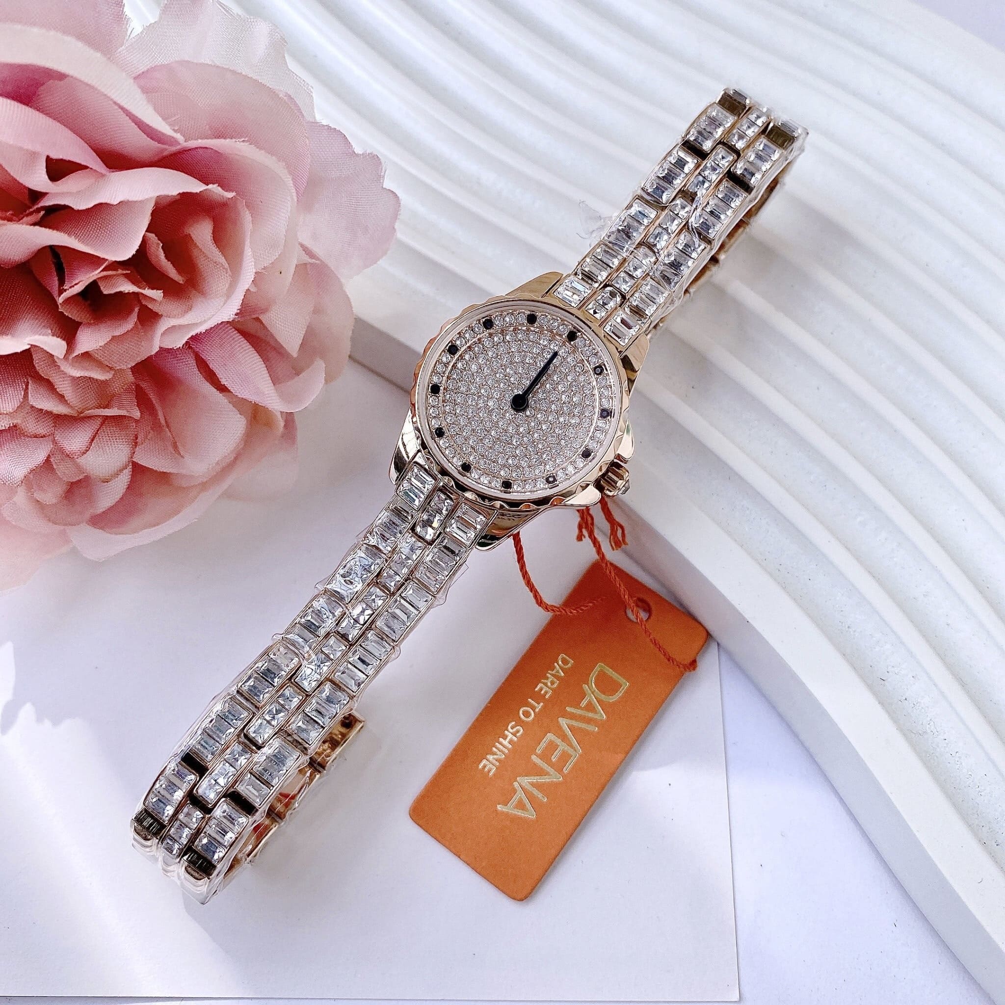 Đồng Hồ Davena Full Đá |Nữ Giới |Rose Gold |Dây Kim Loại Đính Pha Lê |Máy Pin (Quartz) |Size 25mm |donghogiatot.vn