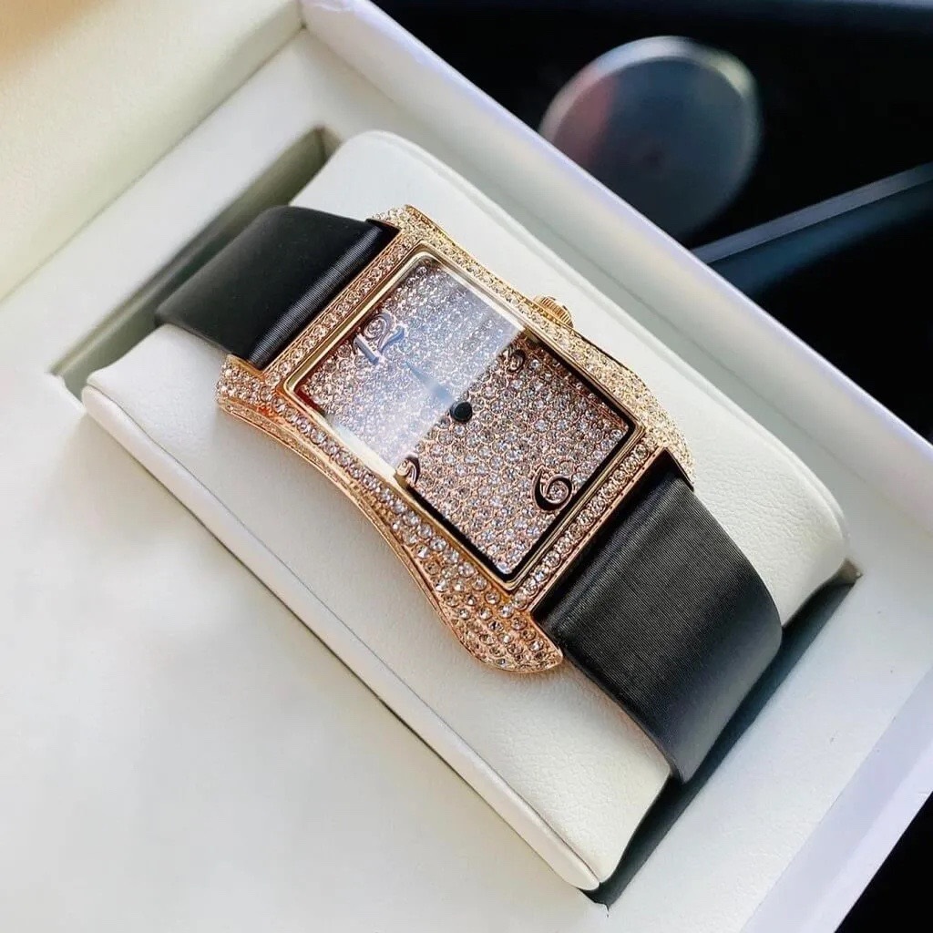 Đồng Hồ Davena Tựa Hermes |Nữ Giới |Full Đá Rose Gold |Dây Da Đen |Máy Pin (Máy Quartz) |Size 28x40mm |donghogiatot.vn