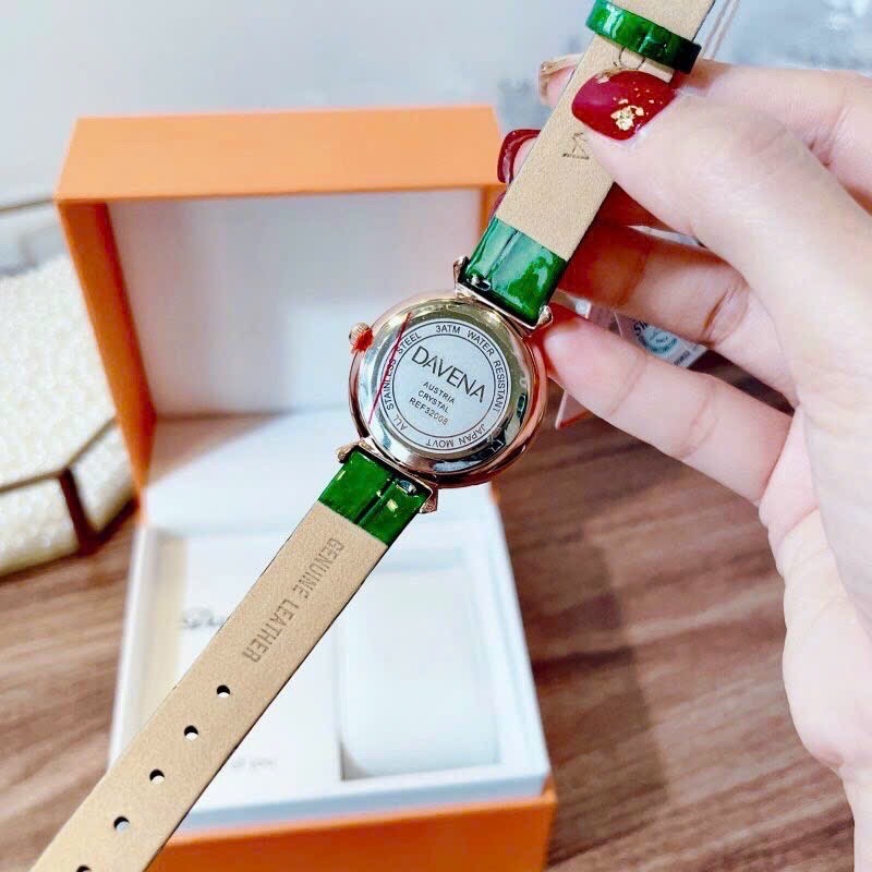 Đồng Hồ Davena 3 Kim |Nữ Giới |Đính Đá Rose Gold |Dây Da Xanh Lá |Máy Pin (Máy Quartz) |Size 32mm |donghogiatot.vn