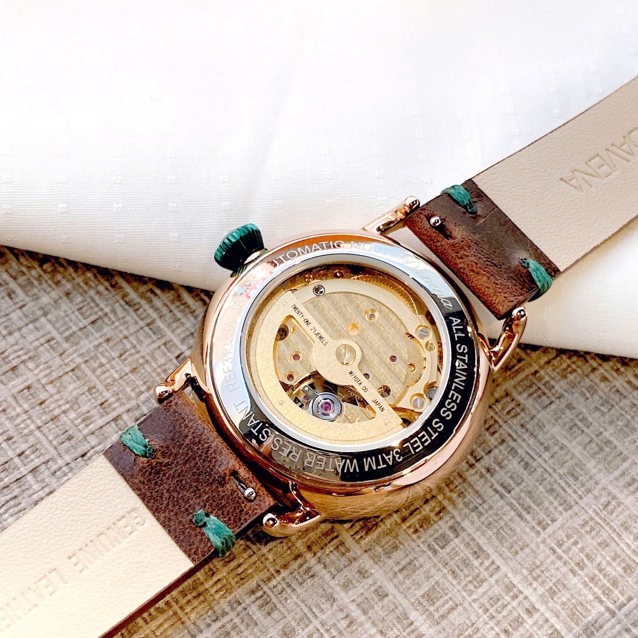 Đồng Hồ Davena Lộ Máy |Nữ Giới |Full Đá Rose Gold |Dây Da Nâu |Máy Cơ (Automatic) |Size 38mm |donghogiatot.vn