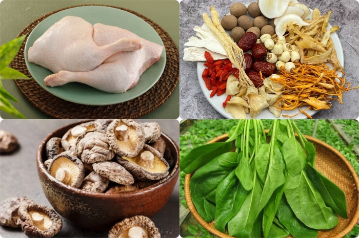 Nguyên liệu nấu mì vịt tiềm gồm vịt xiêm tươi, mì trứng vàng, nấm đông cô và thuốc bắc tiềm vịt chuẩn hương vị truyền thống.