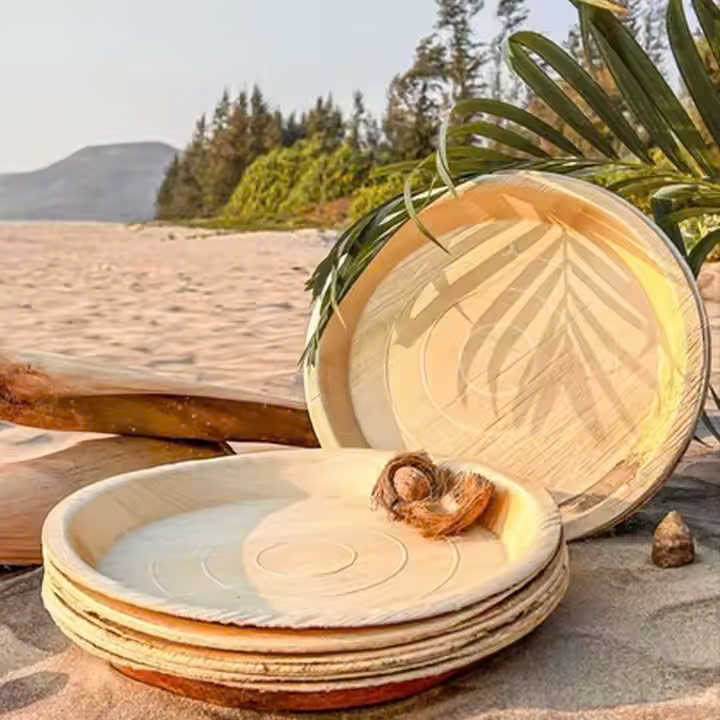 Chi tiết bề mặt dĩa mo cau tròn 20cm với đường vân tự nhiên độc đáo và màu sắc mộc.