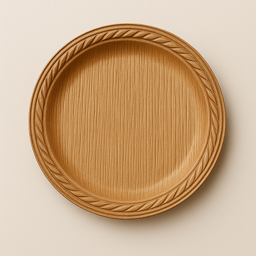 Dĩa mo cau tròn 20cm làm từ 100% mo cau tự nhiên, màu nâu gỗ mộc mạc, thích hợp cho nhà hàng và sự kiện.