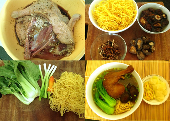 Nguyên liệu nấu mì vịt tiềm gồm đùi vịt, ức vịt, mì trứng vàng, thuốc bắc tiềm, xương heo và rau xanh tươi