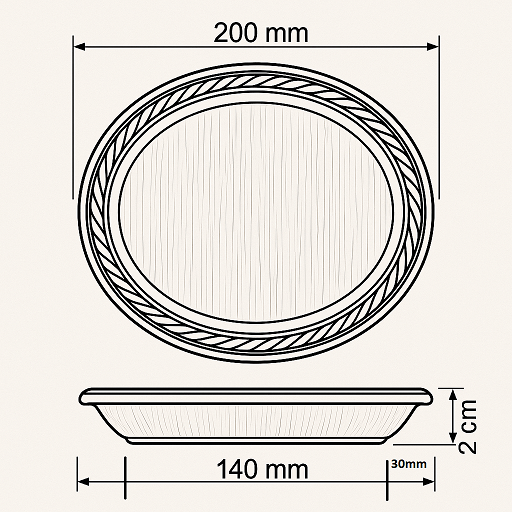 Dĩa mo cau tròn 20cm vừa tay, đường kính rộng phù hợp phục vụ món ăn chính và món tráng miệng.