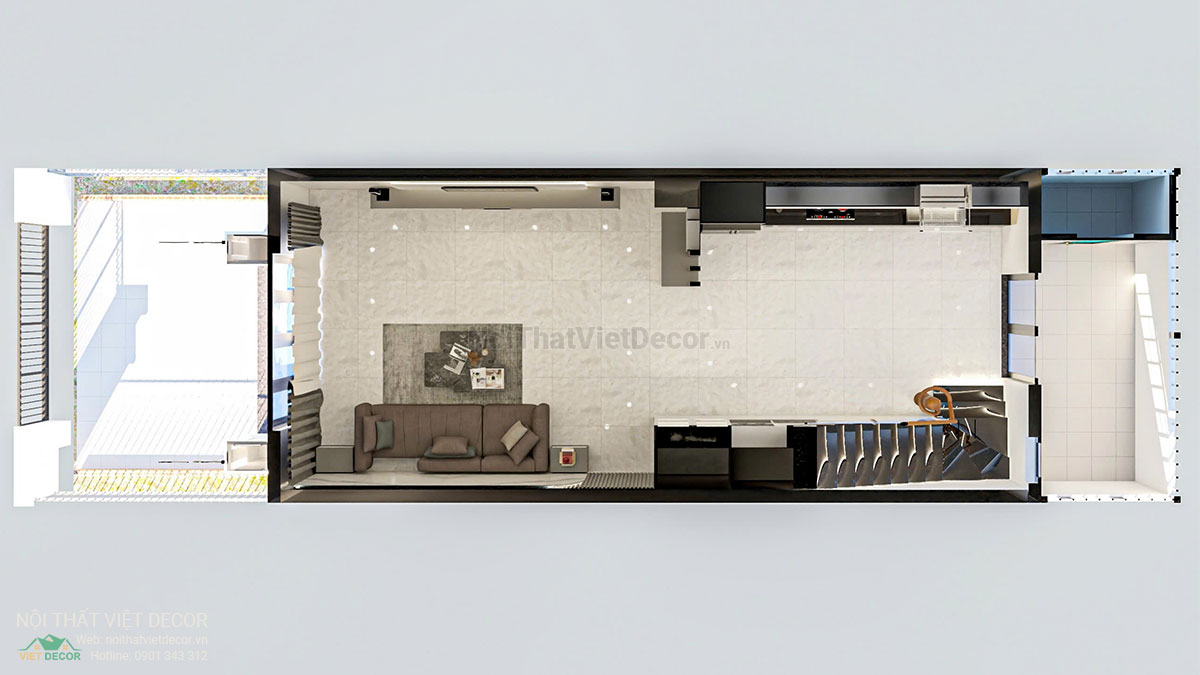 Nội thất Việt Decor thiết kế thi công nội thất nhà liên kế 3 tầng thuộc dự án Lavilla Tân An, Long An mặt bằng tầng trệt