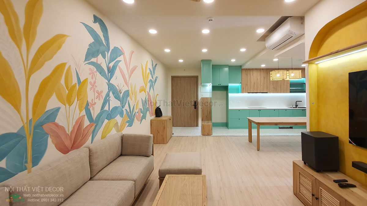 Nội thất Việt Decor thiết kế thi công nội thất căn hộ 3 phòng ngủ chung cư Diamond Alnata, quận Tân Phú TP Hồ Chí Minh, phòng khách bếp