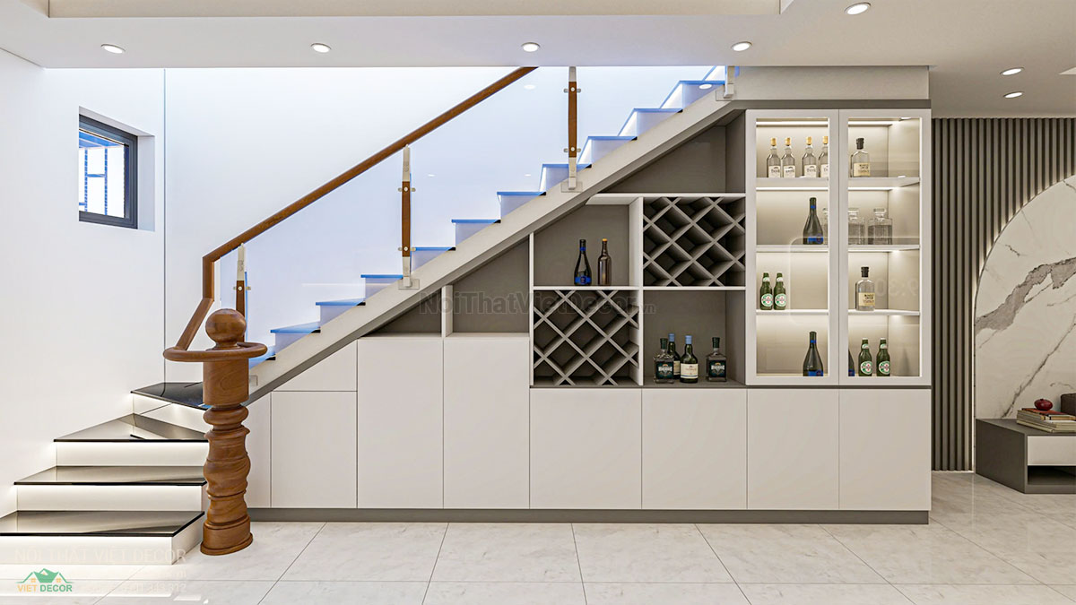 Nội thất Việt Decor thiết kế thi công nội thất nhà liên kế 3 tầng thuộc dự án Lavilla Tân An, Long An tủ dưới thang bộ