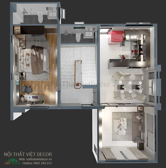 Nội thất Việt Decor thiết kế thi công nội thất hiện đại, biệt thự song lập 3 tầng tại Bến Lức Long An, mặt bằng tầng 1