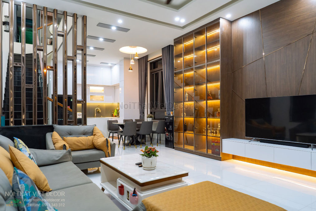 Nội Thất Việt Decor thiết kế thi công nội thất, tủ bếp gỗ công nghiệp An Cường, nhà phố 3 tầng tại thành phố Biên Hòa, Đồng Nai, phòng khách bếp