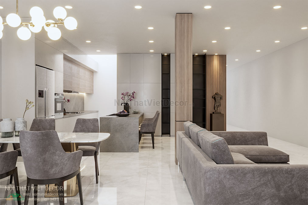 Nội thất Việt Decor thiết kế thi công nội thất nhà phố 3 phòng ngủ tại quận 7, thành phố Hồ Chí Minh, phối cảnh 3D phòng khách bếp