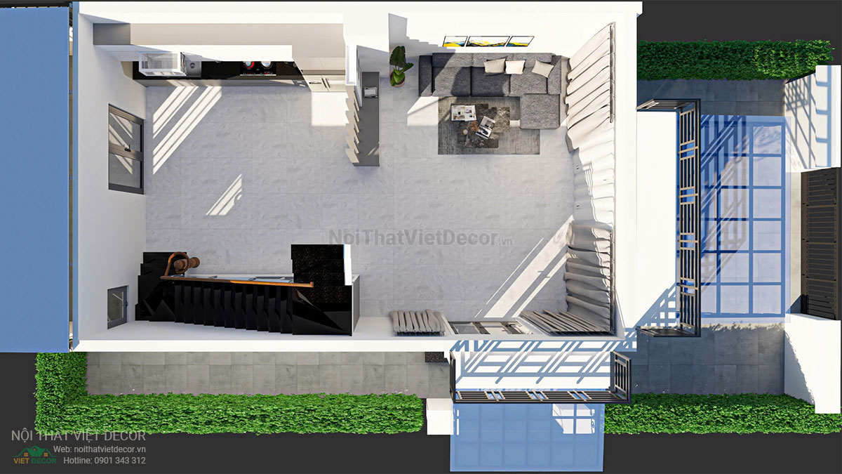 Nội Thất Việt Decor thiết kế thi công nội thất, tủ bếp gỗ công nghiệp Ba Thanh nhà liên kế 3 tầng dự án nhà liên kế Lavilla Green City Tân An, Long An mặt bằng trệt