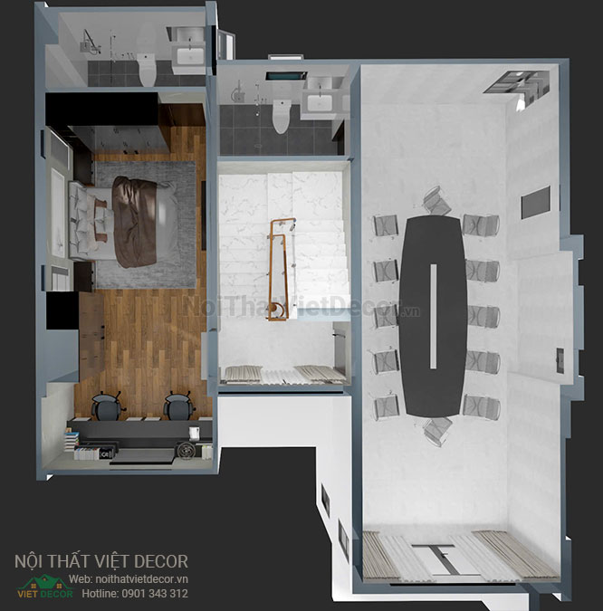 Nội thất Việt Decor thiết kế thi công nội thất hiện đại, biệt thự song lập 3 tầng tại Bến Lức Long An, mặt bằng tầng 2