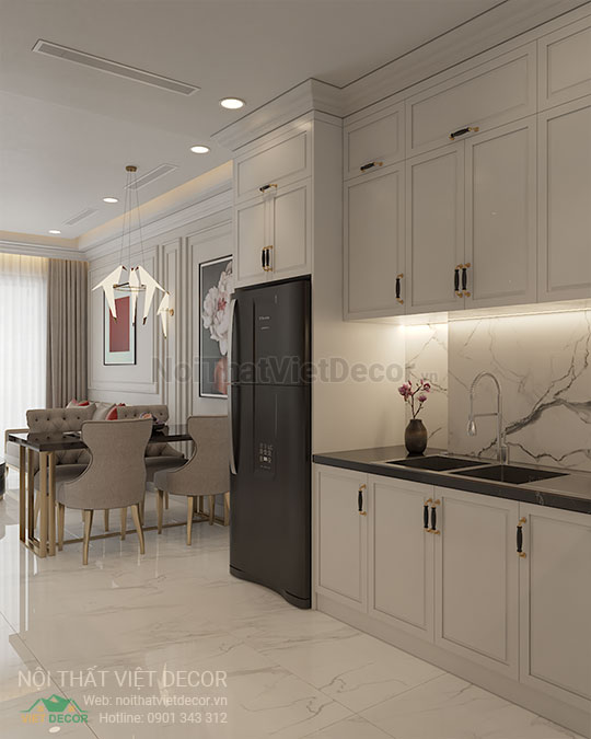 Nội thất Việt Decor thiết kế thi công nội thất căn hộ 2 phòng ngủ tân cổ điển 62 m2 tại tp hồ chí minh phòng khách bếp
