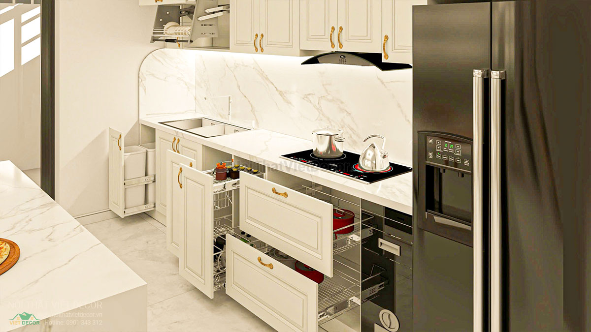 Nội thất Việt Decor thiết kế thi công nội thất tân cổ điển sang trọng luxury, nhà liên kế 3 tầng thuộc dự án Lavilla Green City Tân An, Long An, tủ bếp
