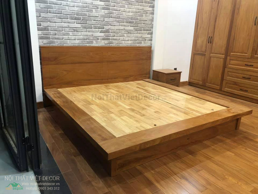 Nội Thất Việt Decor thiết kế thi công nội thất, tủ bếp gỗ sồi tự nhiên nhà ở gia đình chị Trang tại Bình Dương, giường phòng ngủ