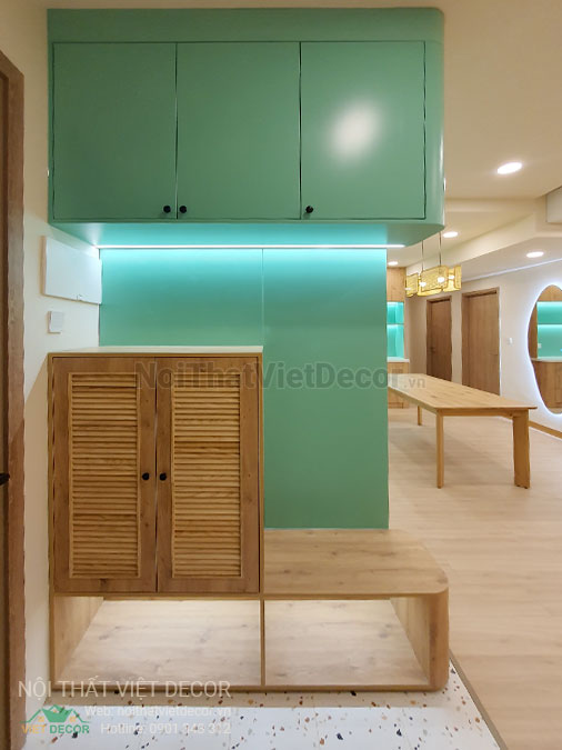 Nội thất Việt Decor thiết kế thi công nội thất căn hộ 3 phòng ngủ chung cư Diamond Alnata, quận Tân Phú TP Hồ Chí Minh, phòng khách bếp, tủ giày