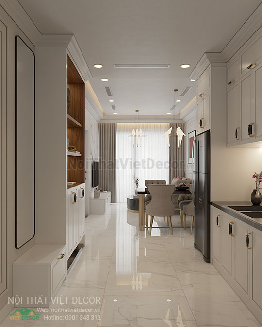 Nội thất Việt Decor thiết kế thi công nội thất căn hộ 2 phòng ngủ tân cổ điển 62 m2 tại tp hồ chí minh phòng khách bếp