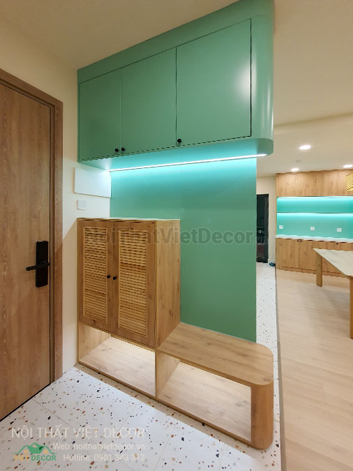 Nội thất Việt Decor thiết kế thi công nội thất căn hộ 3 phòng ngủ chung cư Diamond Alnata, quận Tân Phú TP Hồ Chí Minh, phòng khách bếp, tủ giày