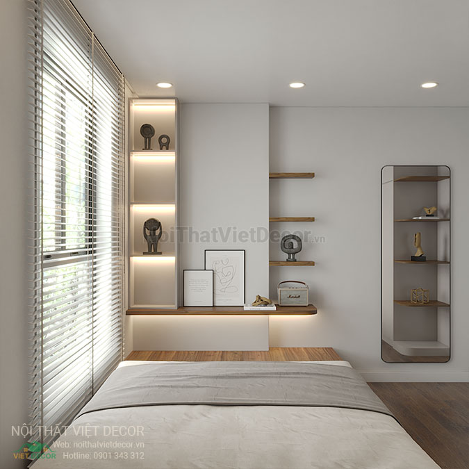 Nội thất Việt Decor thiết kế thi công nội thất chung cư 1 phòng ngủ + 45m2 tại Bình Dương kệ trang trí phòng ngủ