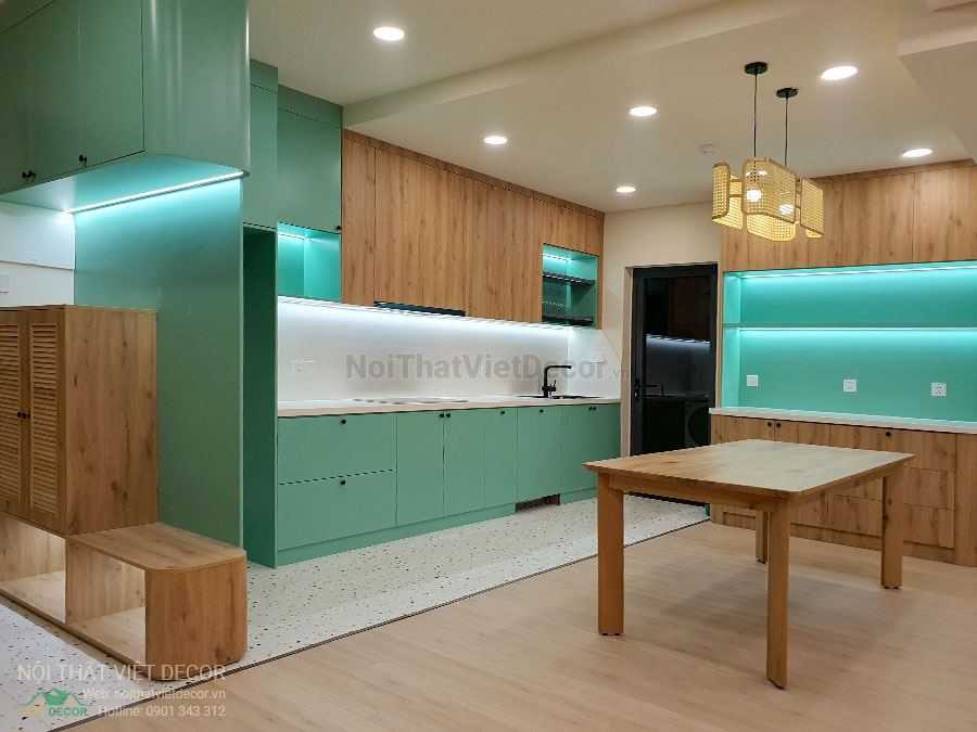 Nội thất Việt Decor thiết kế thi công nội thất căn hộ 3 phòng ngủ chung cư Diamond Alnata, quận Tân Phú TP Hồ Chí Minh, phòng khách bếp, tủ bếp chữ I