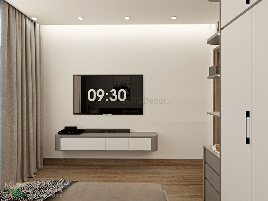 Nội thất Việt Decor thiết kế thi công nội thất nhà liên kế 3 tầng thuộc dự án Lavilla Tân An, Long An, phòng ngủ 2 kệ ti vi
