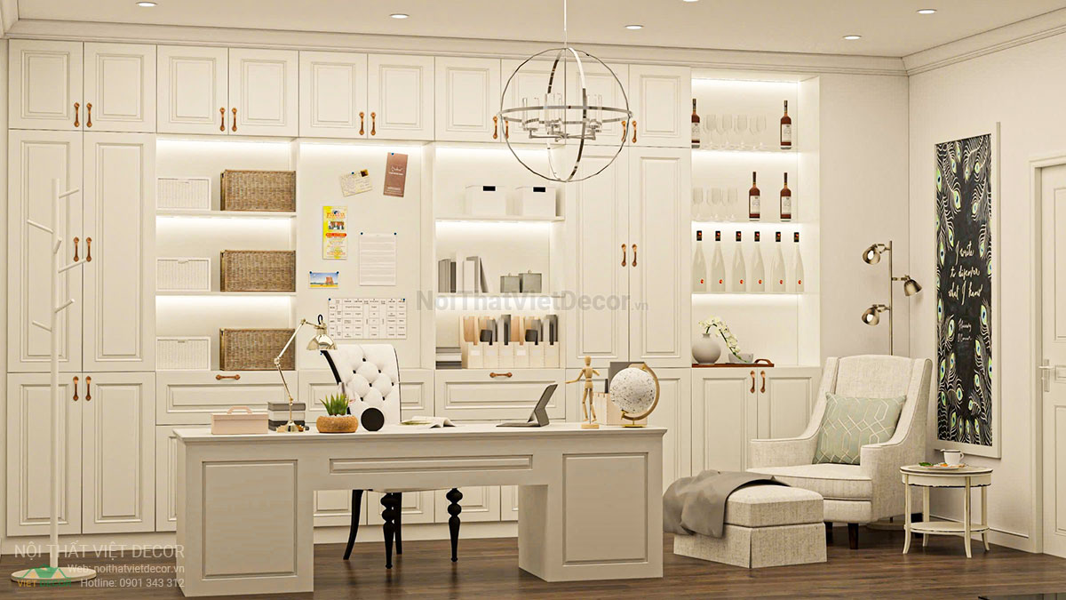 Nội thất Việt Decor thiết kế thi công nội thất tân cổ điển sang trọng luxury, nhà liên kế 3 tầng thuộc dự án Lavilla Green City Tân An, Long An, phòng làm việc
