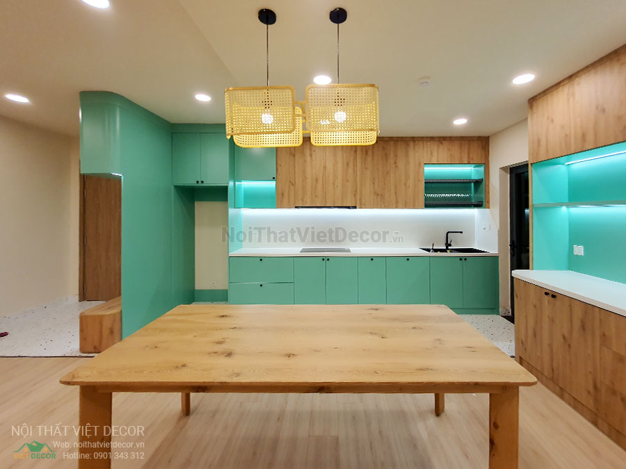 Nội thất Việt Decor thiết kế thi công nội thất căn hộ 3 phòng ngủ chung cư Diamond Alnata, quận Tân Phú TP Hồ Chí Minh, phòng khách bếp, tủ bếp chữ I