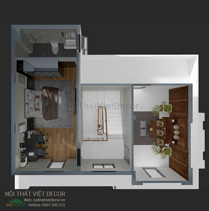 Nội thất Việt Decor thiết kế thi công nội thất hiện đại, biệt thự song lập 3 tầng tại Bến Lức Long An, mặt bằng tầng 3
