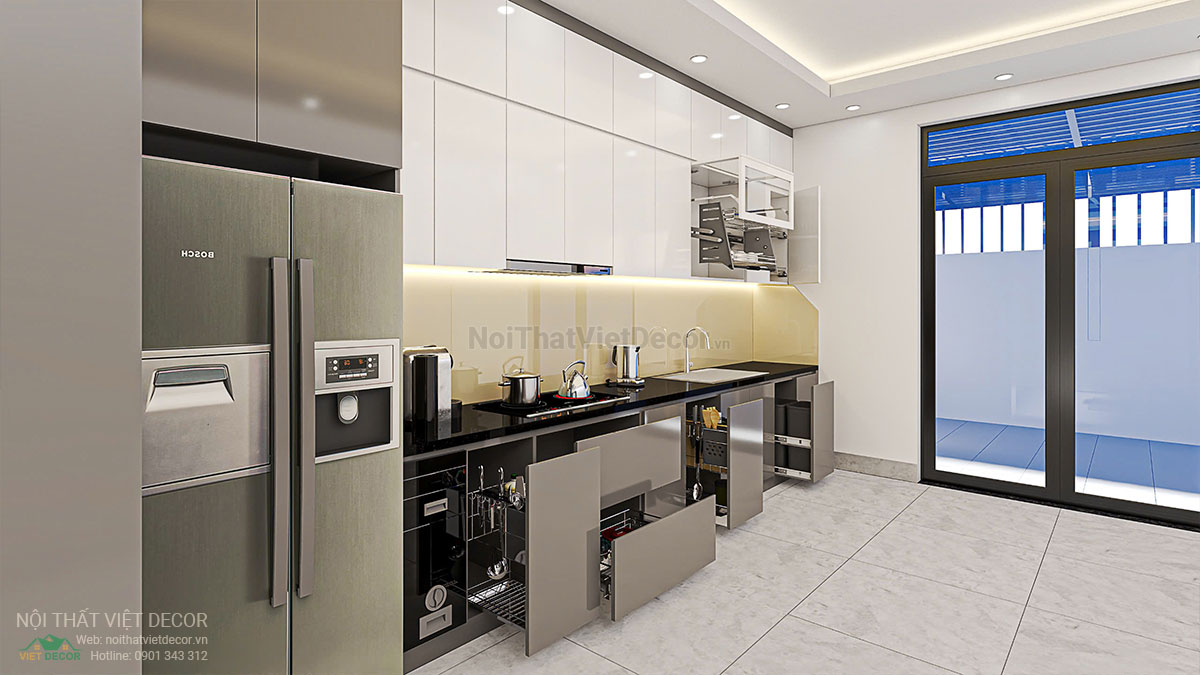 Nội thất Việt Decor thiết kế thi công nội thất nhà liên kế 3 tầng thuộc dự án Lavilla Tân An, Long An, tủ bếp bố trí phụ kiện lưu trữ