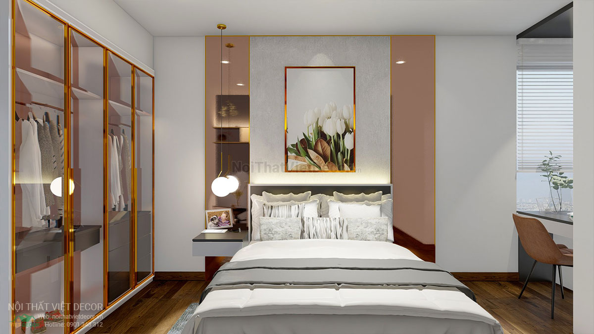 Nội thất Việt Decor mẫu phương án thiết kế phối cảnh 3D nội thất hiện đại căn hộ 3 phòng ngủ, phòng ngủ nhỏ, giường ngủ