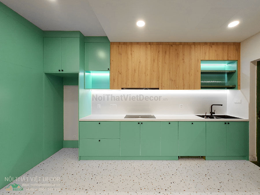 Nội thất Việt Decor thiết kế thi công nội thất căn hộ 3 phòng ngủ chung cư Diamond Alnata, quận Tân Phú TP Hồ Chí Minh, phòng khách bếp. tủ bếp chữ I