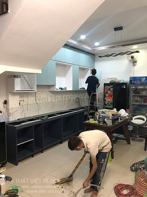 Nội thất Việt Decor thiết kế thi công tủ bếp hiện đại chữ I, gỗ công nghiệp MDF chống ẩm phủ melamine, nhựa sơn 2k An Cường quận Tân Phú Hồ Chí Minh - Thi công
