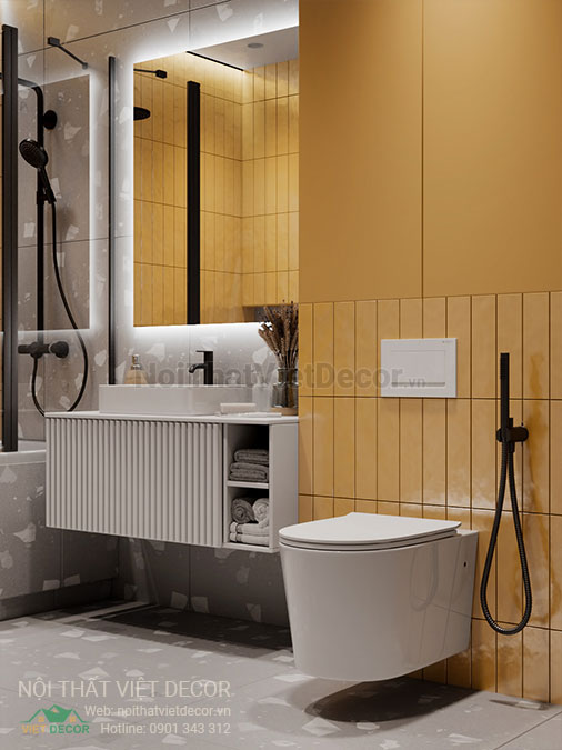 Nội thất Việt Decor mẫu phương án thiết kế phối cảnh 3D nội thất đẹp hiện đại căn hộ 1 phòng ngủ, tủ lavabo nhà vệ sinh