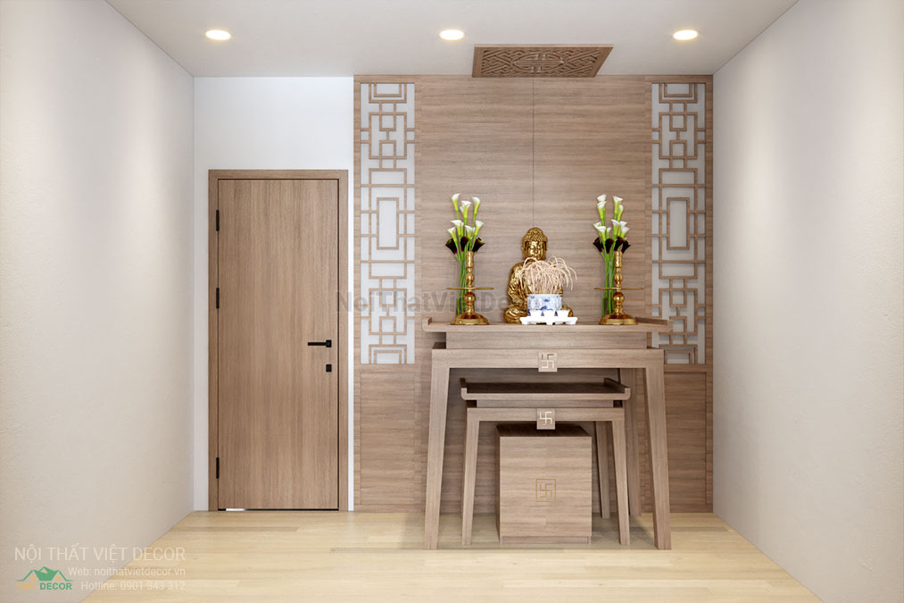 Nội thất Việt Decor thiết kế thi công nội thất nhà phố 3 phòng ngủ tại quận 7, thành phố Hồ Chí Minh, phối cảnh 3D phòng thờ