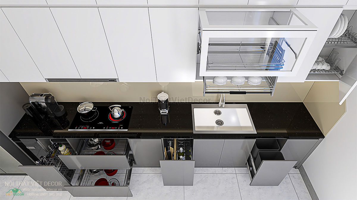 Nội thất Việt Decor thiết kế thi công nội thất nhà liên kế 3 tầng thuộc dự án Lavilla Tân An, Long An, tủ bếp bố trí phụ kiện lưu trữ