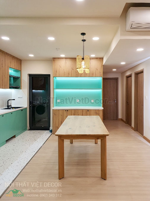 Nội thất Việt Decor thiết kế thi công nội thất căn hộ 3 phòng ngủ chung cư Diamond Alnata, quận Tân Phú TP Hồ Chí Minh, phòng khách bếp, bàn ăn